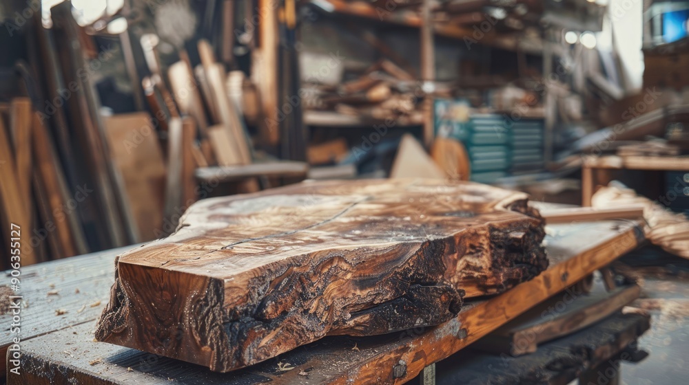 Amid the workshop s creative chaos the focus is on a piece of wood with distinctive features representing the raw material of bespoke craftsmanship Amid the workshop s creative chaos the focus is on a piece of wood with distinctive features representing the raw material of bespoke craftsmanship