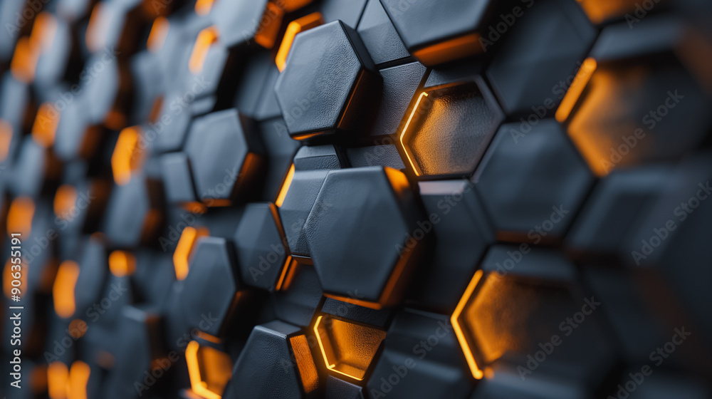 A black and orange hexagonal pattern with a metallic texture A black and orange hexagonal pattern with a metallic texture