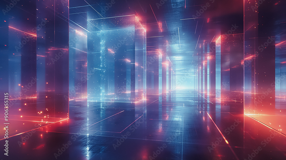 A large, empty room with blue walls and red lights A large, empty room with blue walls and red lights