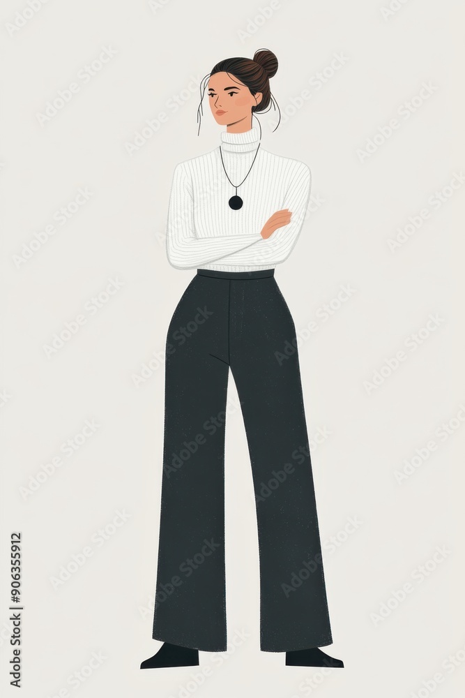 Minimalism illustration, a Caucasian woman, wearing a fitted turtleneck with wide-leg trousers and a statement necklace, with her arms crossed, chic fashion, boho, flat illustration Minimalism illustration, a Caucasian woman, wearing a fitted turtleneck with wide-leg trousers and a statement necklace, with her arms crossed, chic fashion, boho, flat illustration
