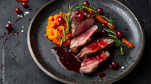 Modern style traditional wild hare back filet braised with wild berries and red wine jus with mashed carrot puree and sweet potato served as top view on Nordic design plate with copy s : Generative AI photo