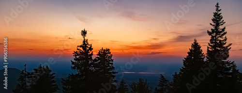 Alpine sunset view with Lake Simssee in the background at Mount Kampenwand, Aschau, Chiemgau, Rosenheim, Bavaria, Germany photo