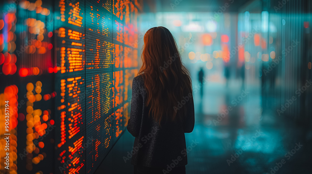 A woman stands in front of a wall of computer screens A woman stands in front of a wall of computer screens