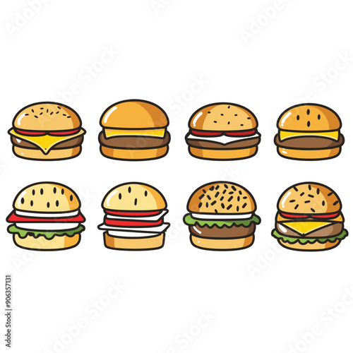 Eight cartoon burgers different toppings sesame seeds buns cheese lettuce tomato. Fast food delicious cheeseburgers cartoon style isolated white background. Variety hamburger set colorful bun