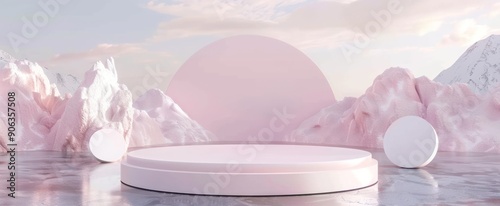 Pink podium with mountains and sky backdrop