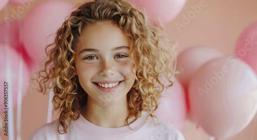 Happy Girl Smiling in Front of Pink and Silver Balloon Decoration at Celebration