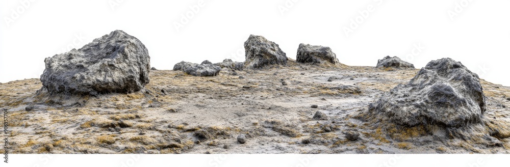 3D representation of wet ground texture with rocks and sand gravel, perspective view of ground material 3D representation of wet ground texture with rocks and sand gravel, perspective view of ground material