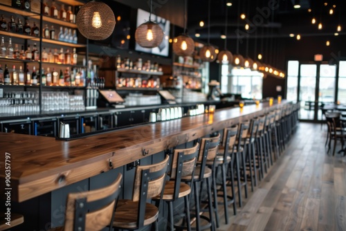 Stylish Modern Bar Interior With Long Wooden Counter and Ambient Lighting