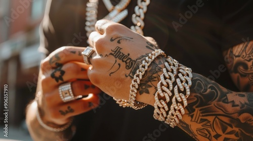 Close-up of a Man's Hands with Gold Jewelry and Tattoos