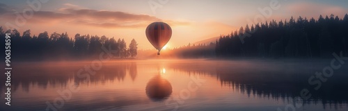 Hot Air Balloon Floating Over Calm Lake at Sunrise With Misty Forest Background