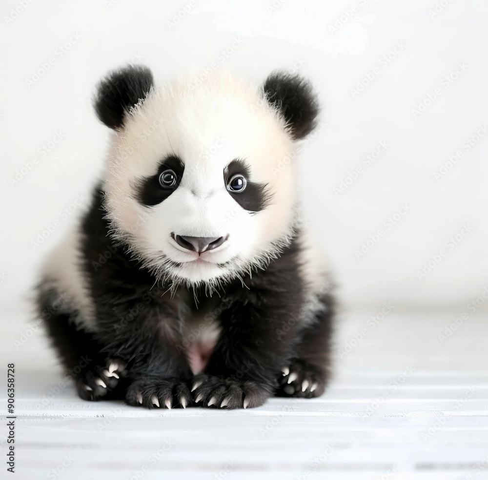Adorable Baby Panda Sitting on a White Surface in a Bright Environment Adorable Baby Panda Sitting on a White Surface in a Bright Environment