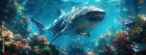 A vibrant underwater scene featuring a school of tropical fish swimming in a coral reef, with a shark lurking nearby and bubbles rising in the clear blue ocean water photo