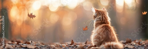 Orange Cat Sitting in Autumn Leaves During Sunset