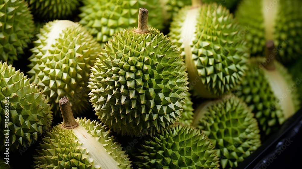 Close up of a fresh durians, macro photography, thorny textures, top view, studio lighting. Close up of a fresh durians, macro photography, thorny textures, top view, studio lighting.