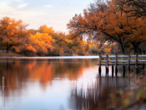 Autumn Trees Reflected in Calm Lake Water at Dusk photo