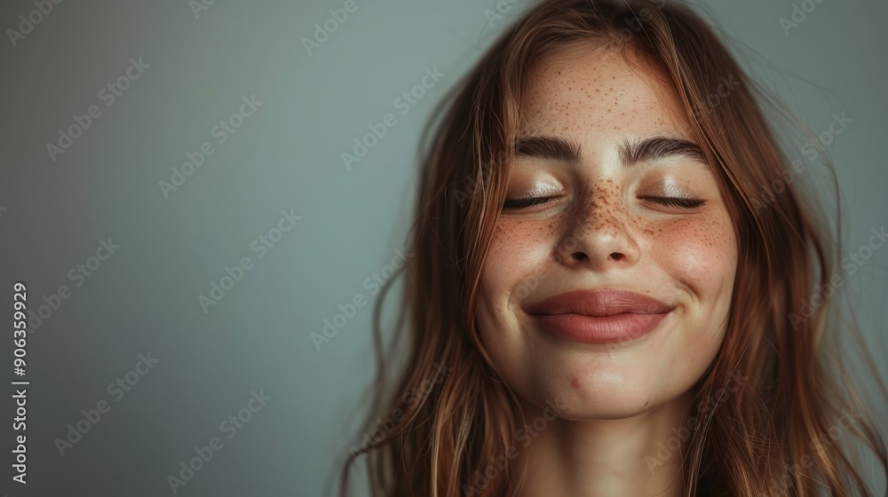 Young woman expressing happiness with closed eyes and wide smile standing against a solid studio background Young woman expressing happiness with closed eyes and wide smile standing against a solid studio background