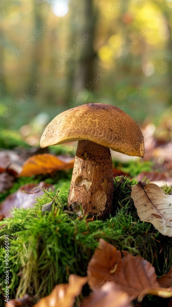 Close-up of a Single Porcini Mushroom on a Forest Floor. Concept of Nature, Fungi, Wilderness, Autumn. Vertical