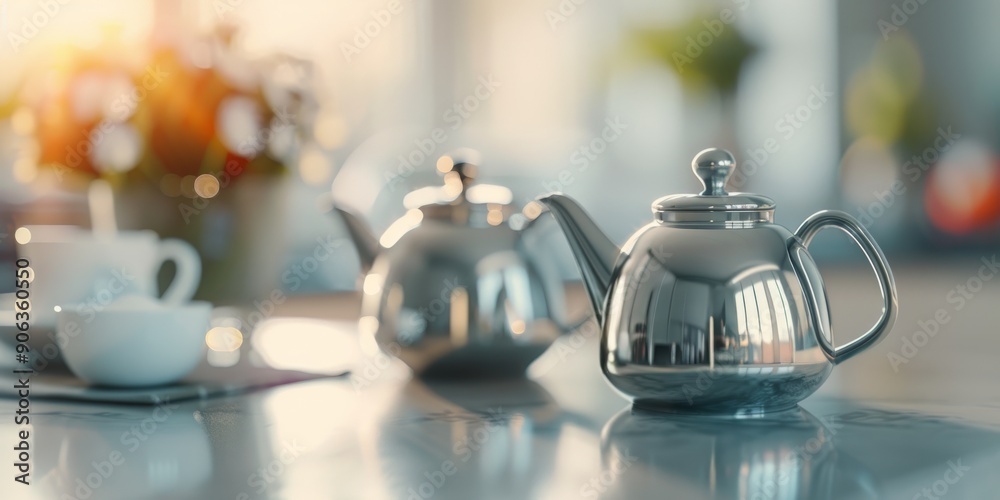 Shiny Silver Teapots Reflecting Soft Sunlight in a Warm Indoor Setting Shiny Silver Teapots Reflecting Soft Sunlight in a Warm Indoor Setting