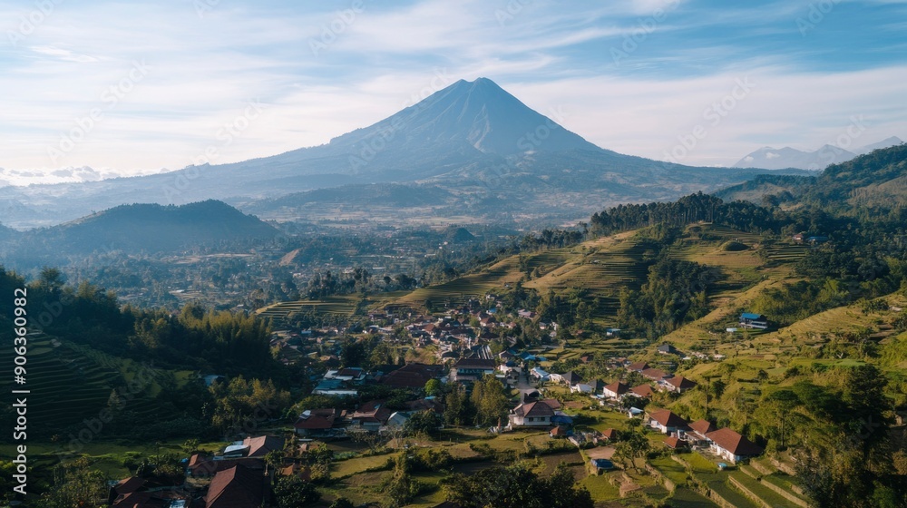 Aerial View of a Village Nestled in a Mountainous Landscape with a Majestic Volcano in the Background Aerial View of a Village Nestled in a Mountainous Landscape with a Majestic Volcano in the Background
