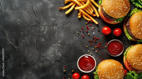 Casual dining table with burgers and fries, ideal for a relaxed, fun meal. Background allows for text.