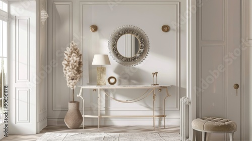 Chic entryway with a console table, stylish mirror, and decorative accents. Space for text on the side.