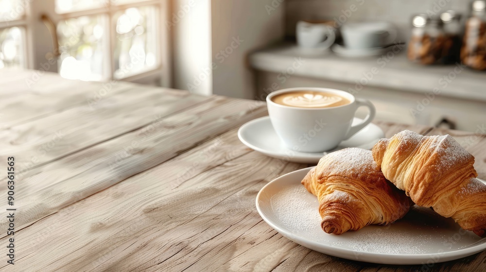 Dining table with coffee and pastries, ideal for a casual morning or afternoon snack. Room for text in the background. Dining table with coffee and pastries, ideal for a casual morning or afternoon snack. Room for text in the background.