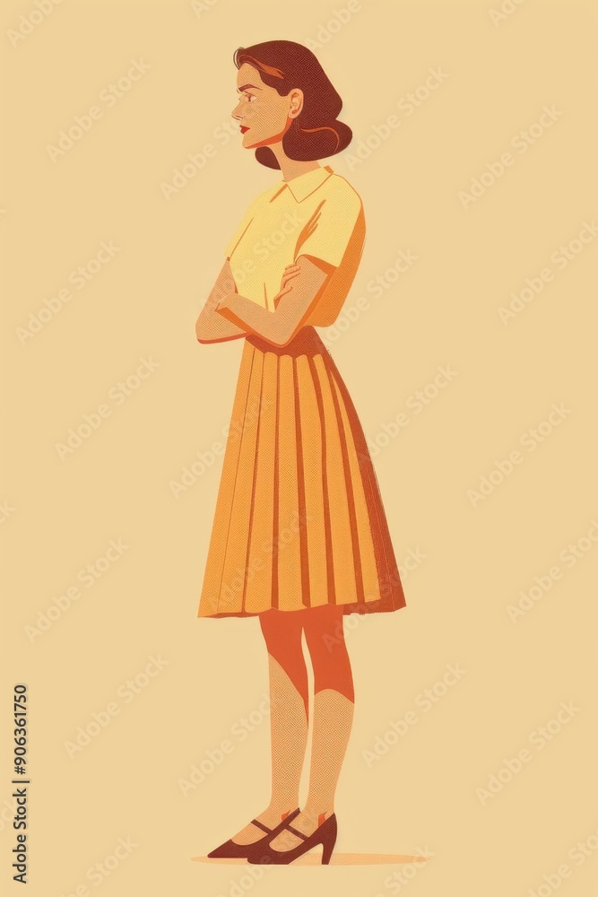 Minimalism illustration, a Caucasian woman, wearing a high-neck blouse with a pleated skirt and T-strap shoes, standing with her arms crossed, vintage retro fashion, flat illustration on soft yellow Minimalism illustration, a Caucasian woman, wearing a high-neck blouse with a pleated skirt and T-strap shoes, standing with her arms crossed, vintage retro fashion, flat illustration on soft yellow