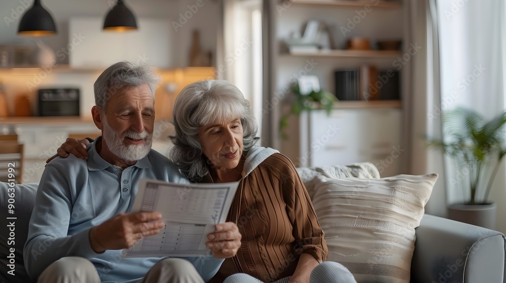 Senior Couple Reviewing Life Insurance Policy in Cozy Living Room Senior Couple Reviewing Life Insurance Policy in Cozy Living Room