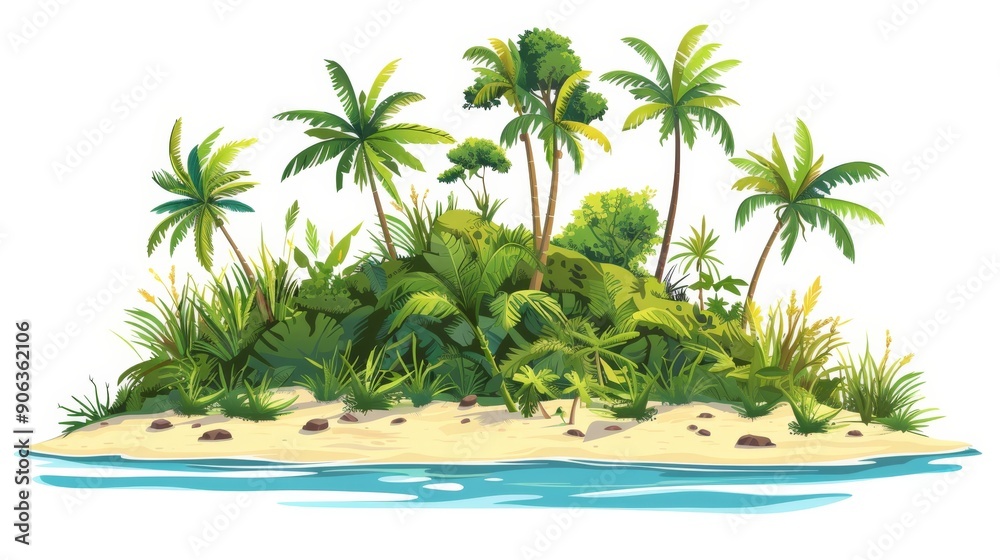 Tropical Island with Palm Trees and Sandy Beach.