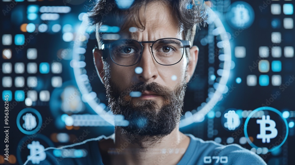 A glossy magazine cover featuring a young entrepreneur, confident but with a shadow of concern, surrounded by cryptocurrency symbols and graphs A glossy magazine cover featuring a young entrepreneur, confident but with a shadow of concern, surrounded by cryptocurrency symbols and graphs