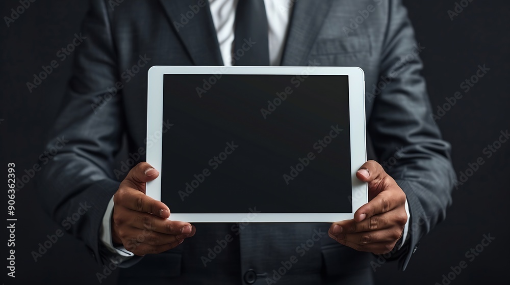 Businessman holding tablet pc with blank screen : Generative AI Businessman holding tablet pc with blank screen : Generative AI