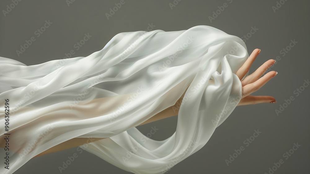 Fototapeta premium White silk scarf in womans hand floating on the wind on dark grey background Lifestyle Perfect for creating mockup for your own textile design or seamless pattern : Generative AI