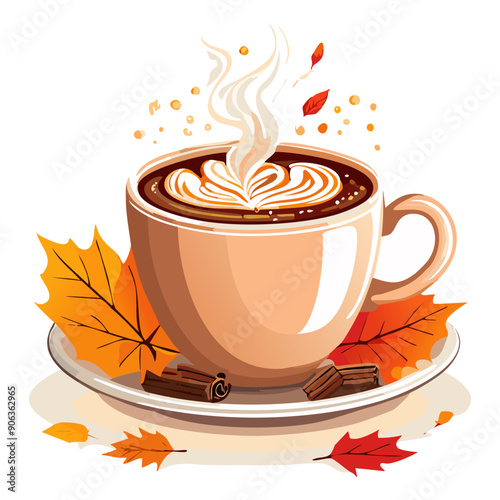 Warm autumn beverage with whipped cream and fall leaves on a plate