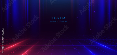 Stage neon red and dark blue light on dark background with lighting effect.