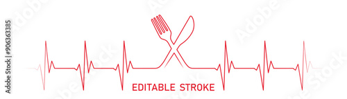 Editable lines heart rhythm illustration with fork and knife heartbeat line vector design to use in healthcare, business, healthy lifestyle, medicine and ekg concept projects. 
