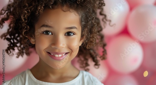 Happy Girl With Curly Hair Smiling Against a Colorful Balloon Background
