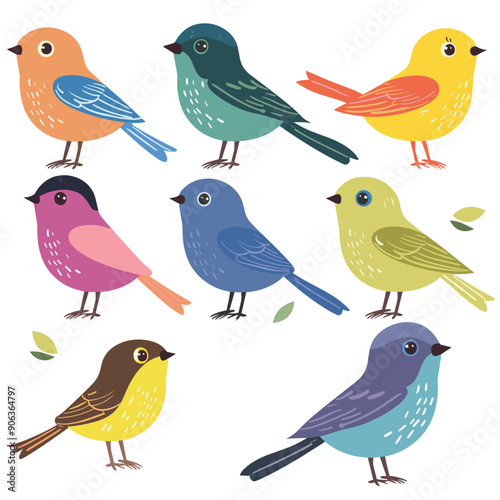 Collection colorful birds standing, various hues species represented. Cute cartoon songbirds pink, yellow, blue, orange, green. Simple flat design avian illustrations
