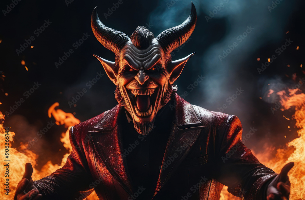 fiery scary red demon with horns roaring amid flames, horror or fantasy movie scene fiery scary red demon with horns roaring amid flames, horror or fantasy movie scene
