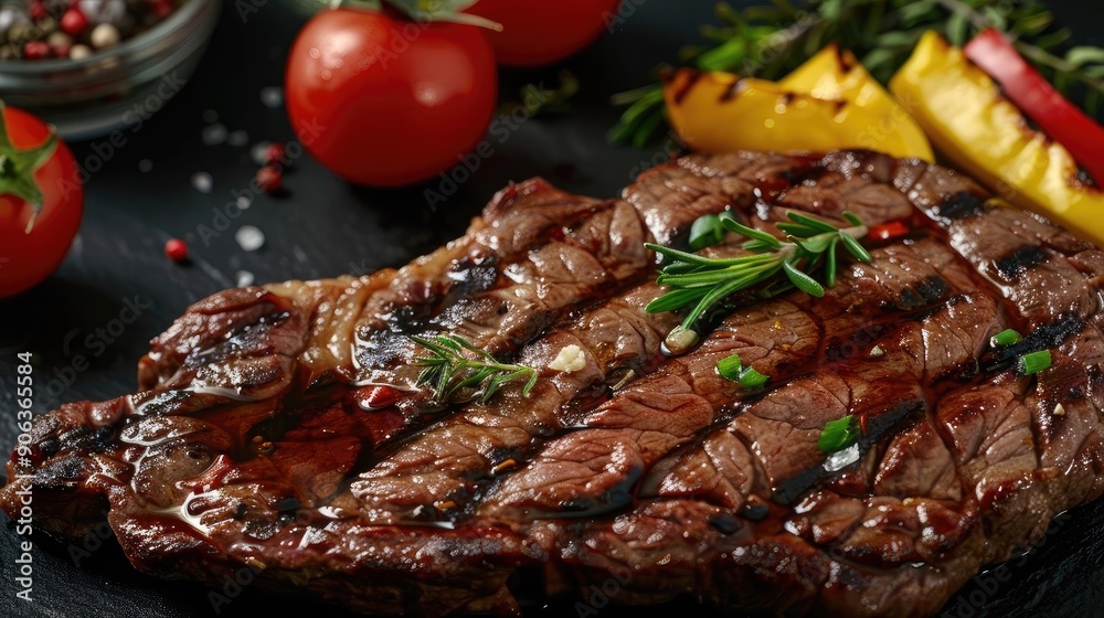 Juicy grilled steak served with fresh herbs and colorful vegetables, perfect for a delicious meal or culinary presentation. Juicy grilled steak served with fresh herbs and colorful vegetables, perfect for a delicious meal or culinary presentation.