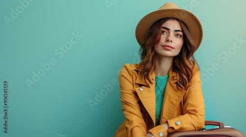 Sophisticated 30-year-old woman with suitcase sitting against light teal background