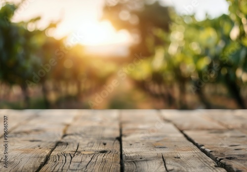 Glass of Red Wine Next to Grapes on Wooden Table at Sunset in Vineyard