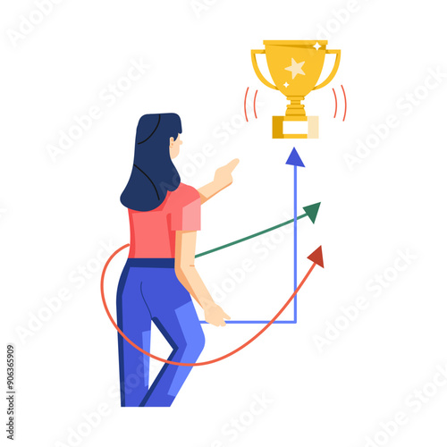 Girl on a success way chasing trophy, flat illustration 

