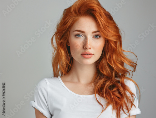 Beautiful young adult woman with beautiful natural long wavy red hair. Fashion make-up, clear fresh skin and curly hairstyle. Cosmetic, styling, shampoo, glance and hairdresser concept