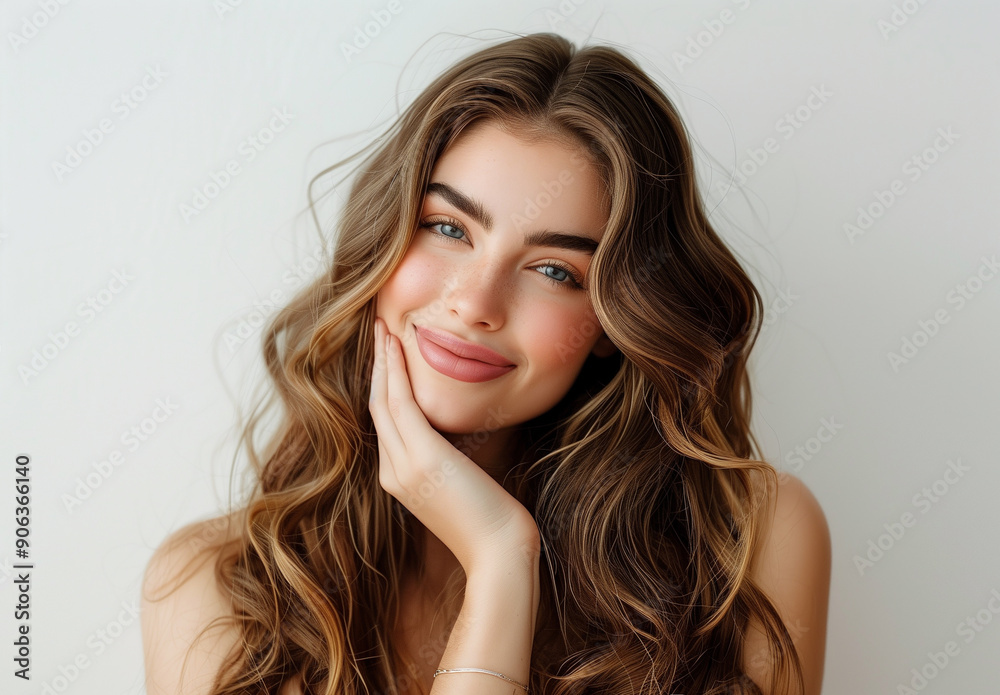 Naklejka premium Cute young woman face with fresh smooth skin close-up against studio wall background, fashion beauty portrait