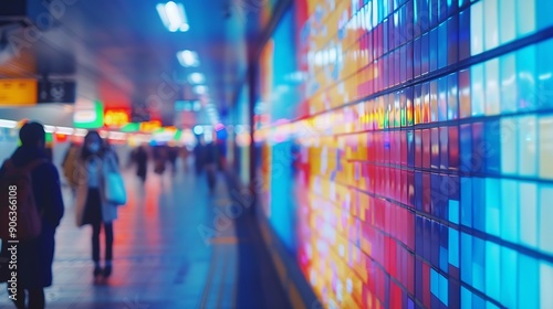 Wallpaper Mural Group of people walking in public bridged walkway in station with blurred colorful digital signage advertisement board on passage in modern city at daylight : Generative AI Torontodigital.ca
