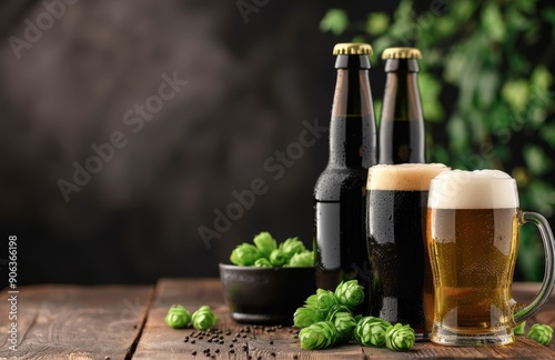 Craft Beer Bottles and Glass on Wooden Table With Fresh Hops in Cozy Setting