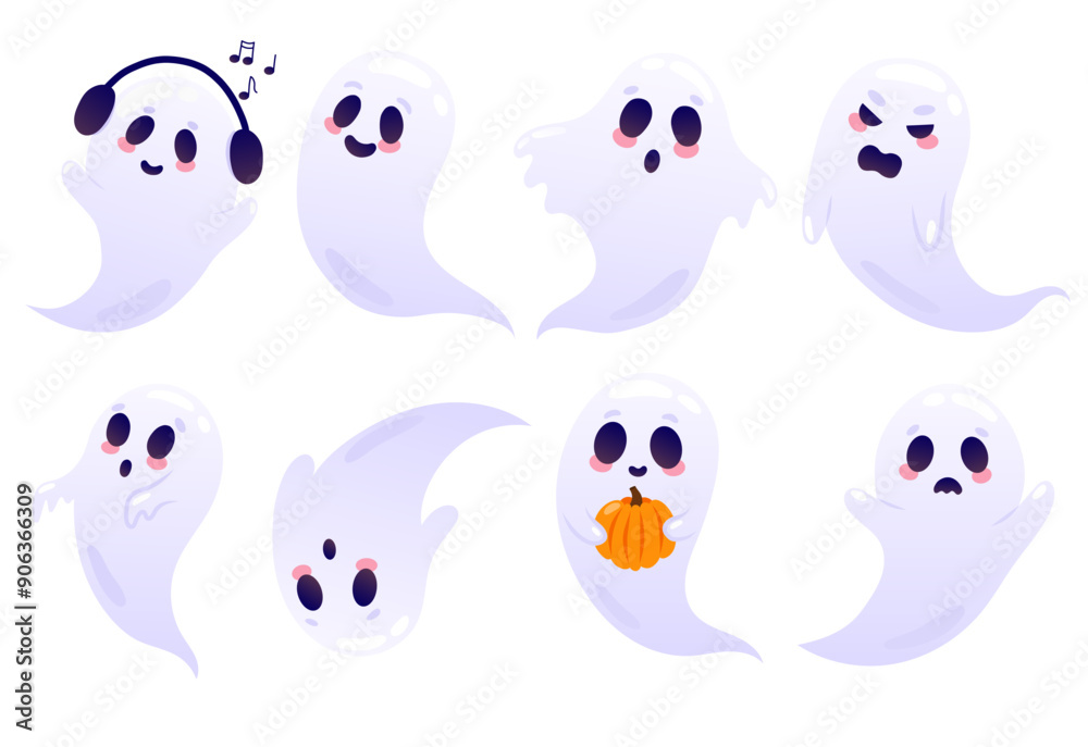 Halloween ghosts in cartoon style. Cute poltergeists vector set of illustrations Halloween ghosts in cartoon style. Cute poltergeists vector set of illustrations
