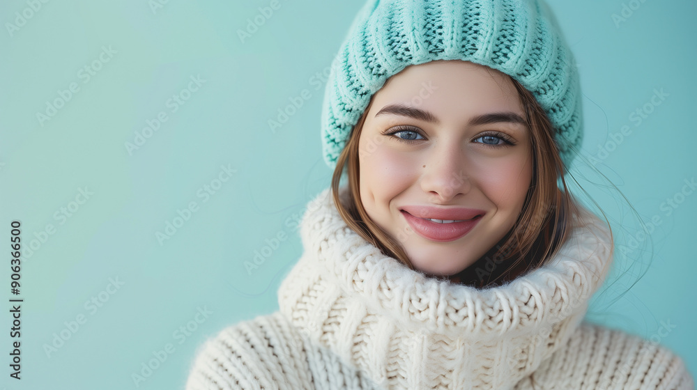 Beautiful happy woman in blue winter hat and white sweater posing against blue studio wall background, beauty fashion portrait Beautiful happy woman in blue winter hat and white sweater posing against blue studio wall background, beauty fashion portrait