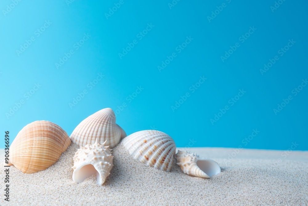 Beach Vibes: Seashells on Sand Against a Blue Backdrop Beach Vibes: Seashells on Sand Against a Blue Backdrop