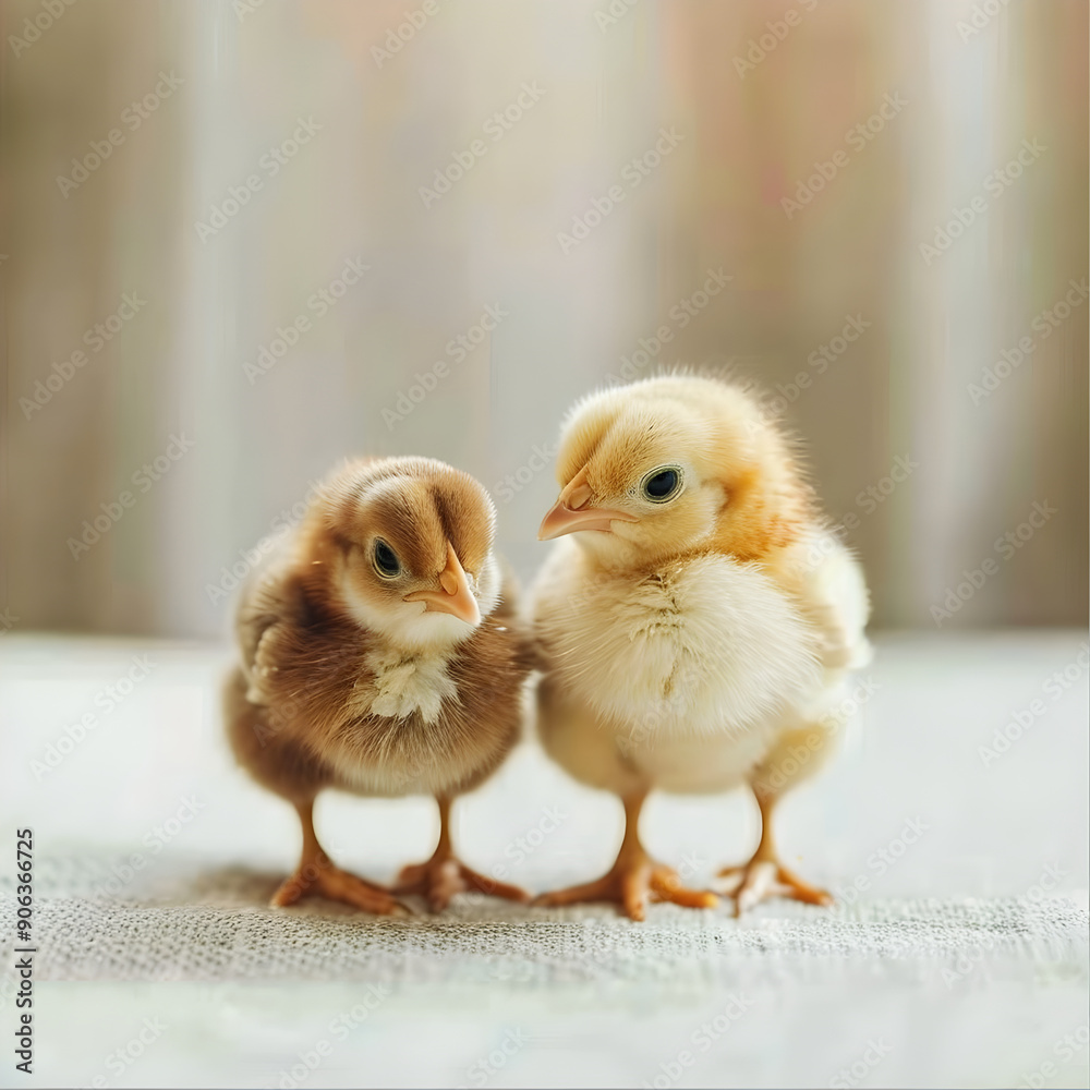 Fototapeta premium Two cute chicks are standing on a light brown rustic background